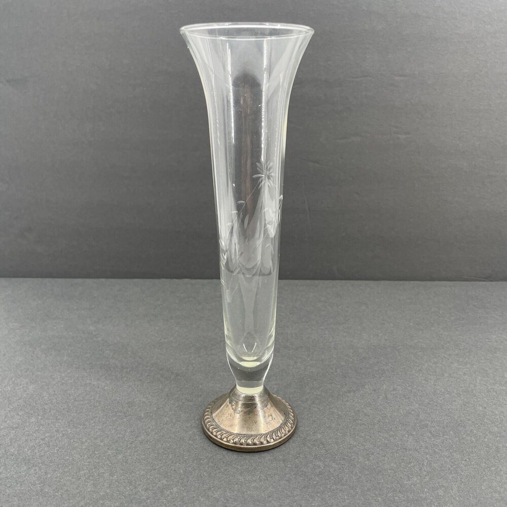 Duchin Creations Sterling Base Etched Glass Flute Bud Vase Tulip Weighted 9.5" T - Picture 2 of 13